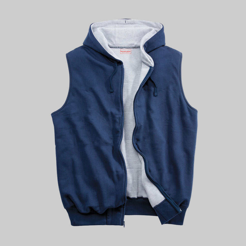 Navy thermal fleece vest hoodie with drawstring hood, sleeveless design, rib-knit waist, and zip front closure, made from soft cotton-poly fleece.