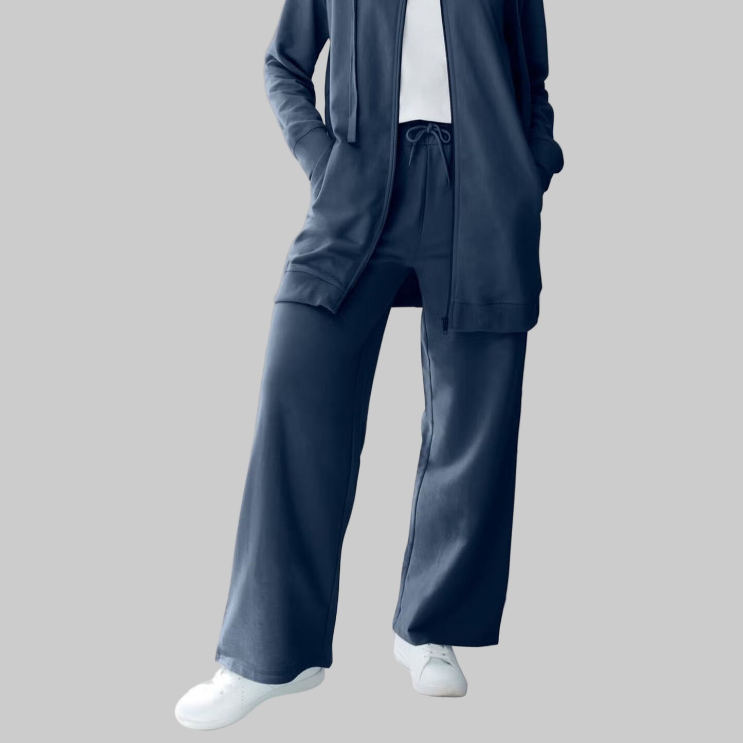 Navy Wide-Leg French Terry Sweatpants with elastic drawstring waist and front pockets — soft, full-length lounge pants for women.