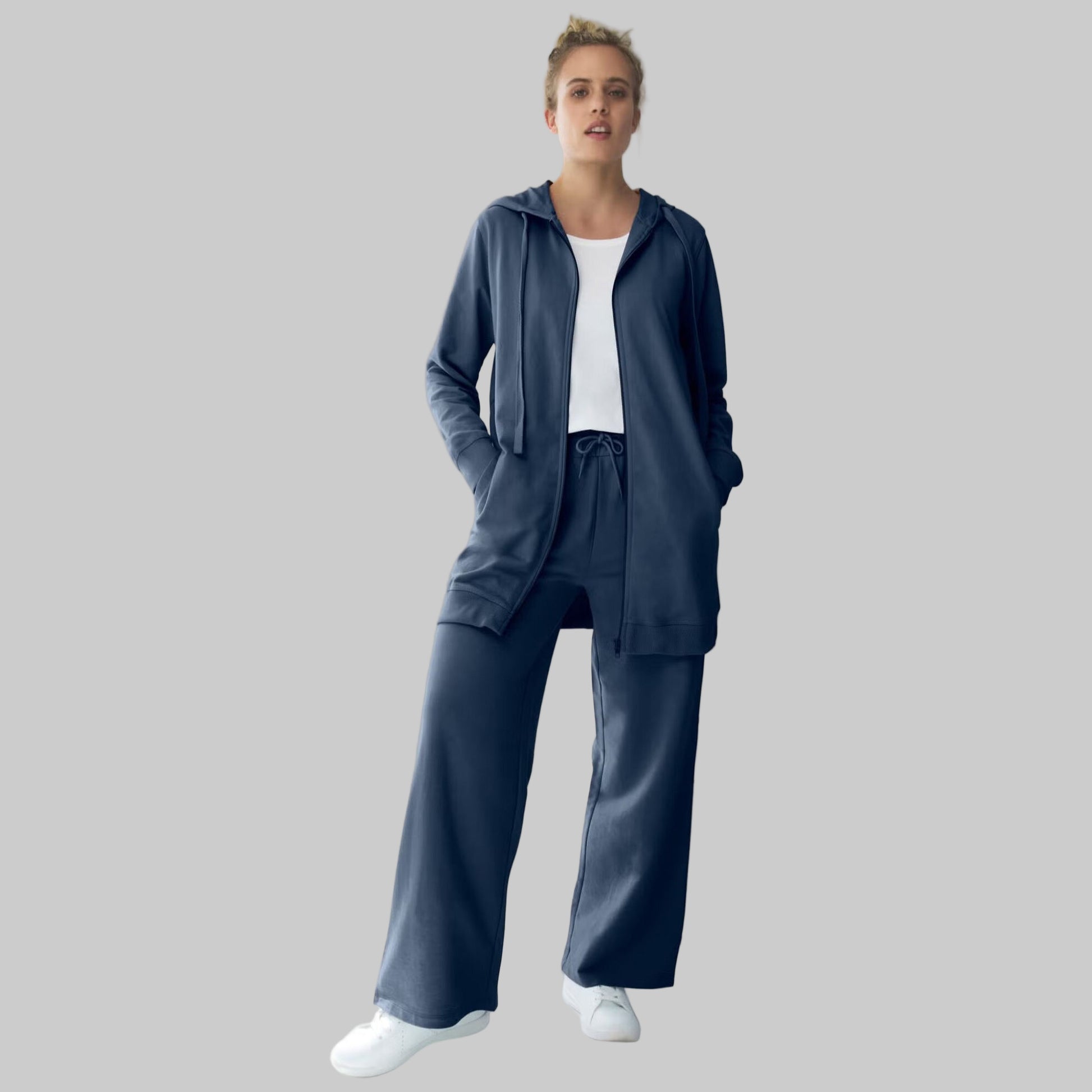Navy Wide-Leg French Terry Sweatpants with elastic drawstring waist and front pockets — soft, full-length lounge pants for women.