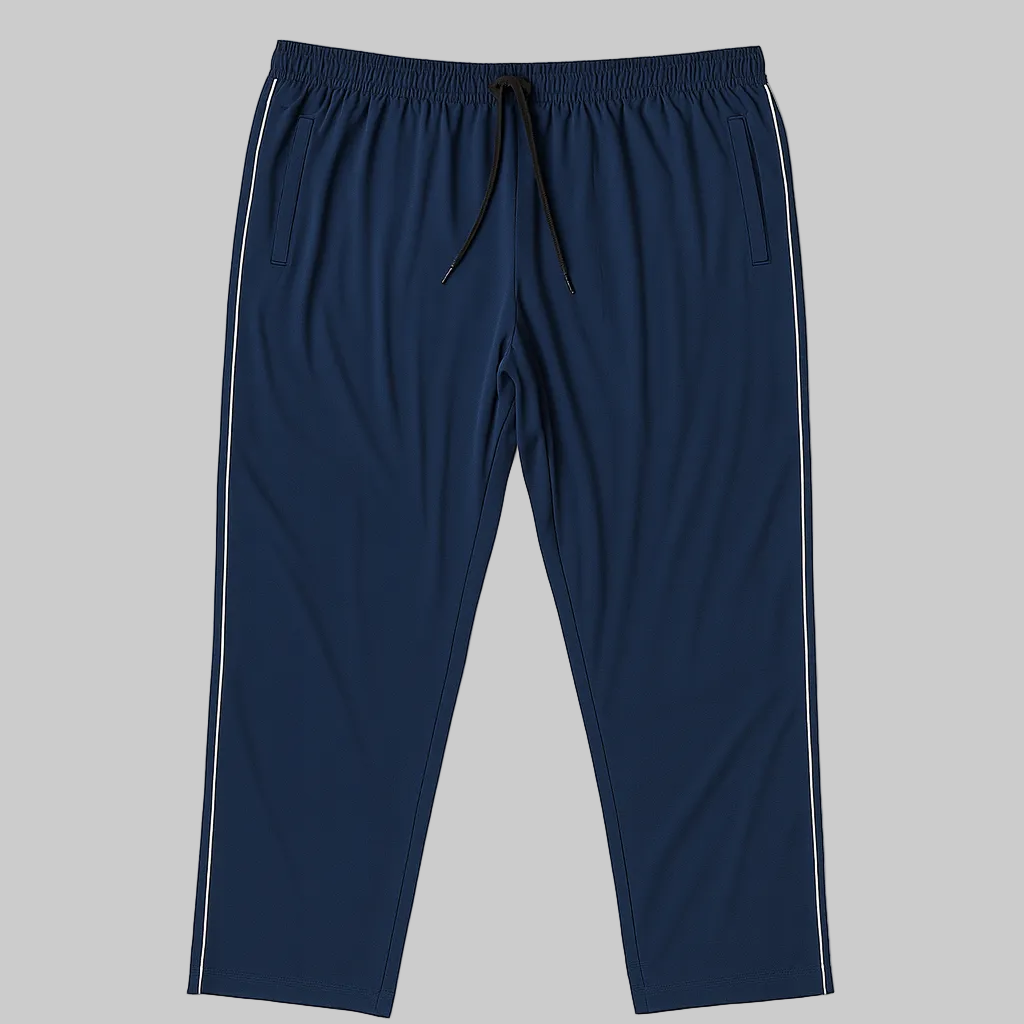 Navy blue plus size men’s trousers with side stripes and elastic waistband on model