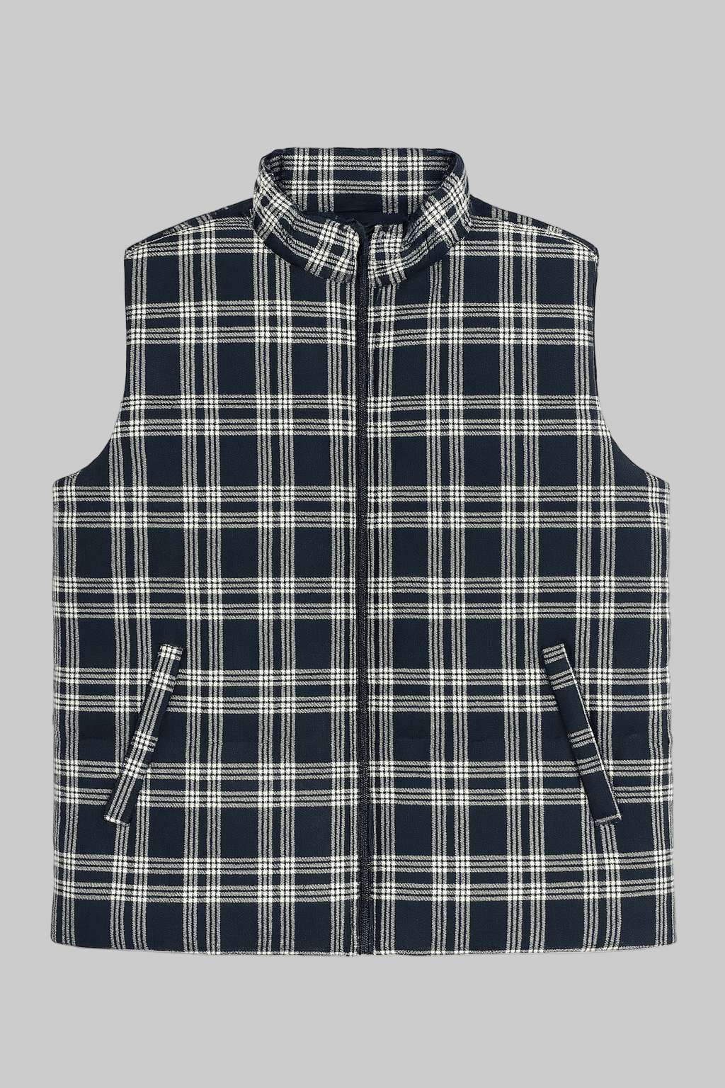 Navy Checkered Plus Size Sleeveless Puffer Vest PSM-9991