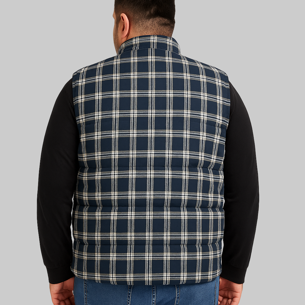 Navy Checkered Plus Size Sleeveless Puffer Vest PSM-9991