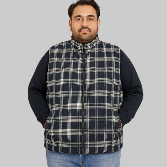 Navy Checkered Plus Size Sleeveless Puffer Vest PSM-9991