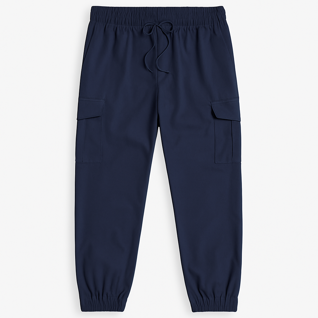 Plus-size man wearing navy twill cotton cargo joggers with side and back pockets