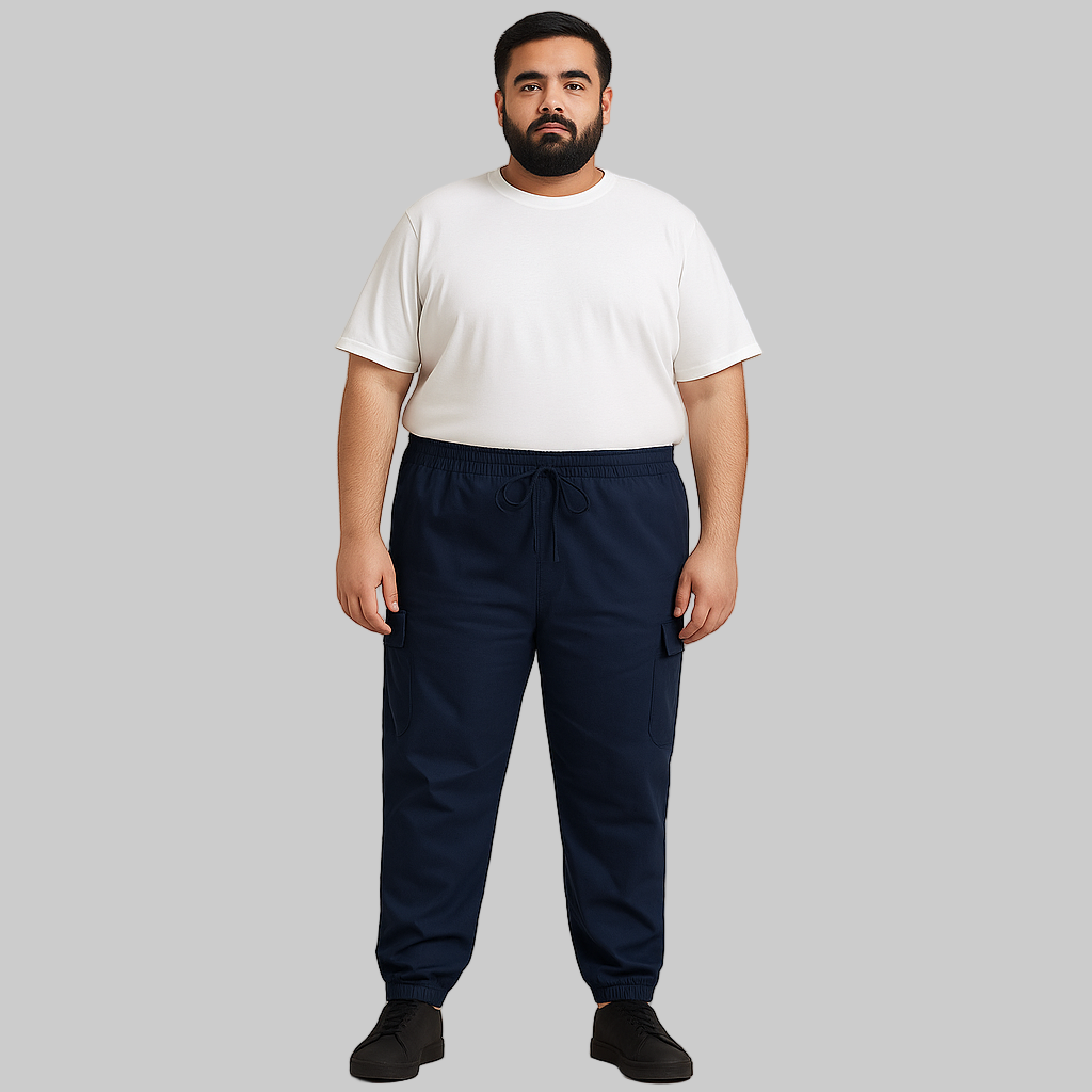 Plus-size man wearing navy twill cotton cargo joggers with side and back pockets