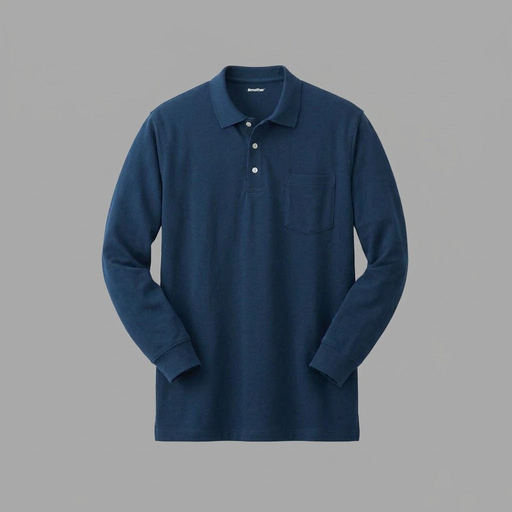 Navy Blue Big & Tall Long Sleeve Polo Shirt for Men Made from Pique Fabric