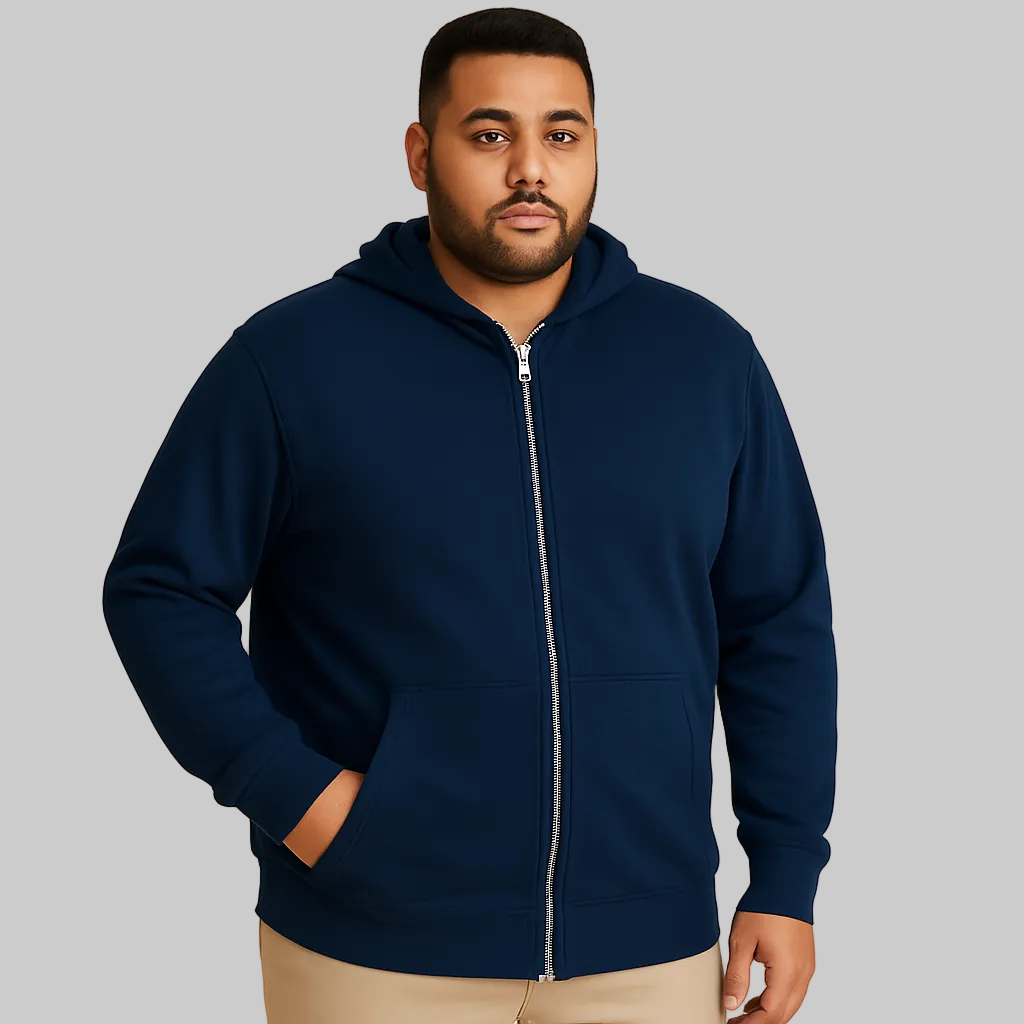 Navy fleece zip-front hoodie with drawstring hood, front pockets, and relaxed big and tall fit for everyday wear.