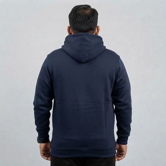 Navy blue fleece zip-up hoodie for men featuring a full front zipper and attached hood.