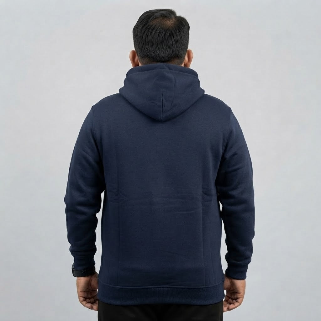 Navy blue fleece zip-up hoodie for men featuring a full front zipper and attached hood.