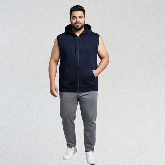 Navy Blue Plus Size Sleeveless Zip-Up Fleece Hoodie PSM-10526