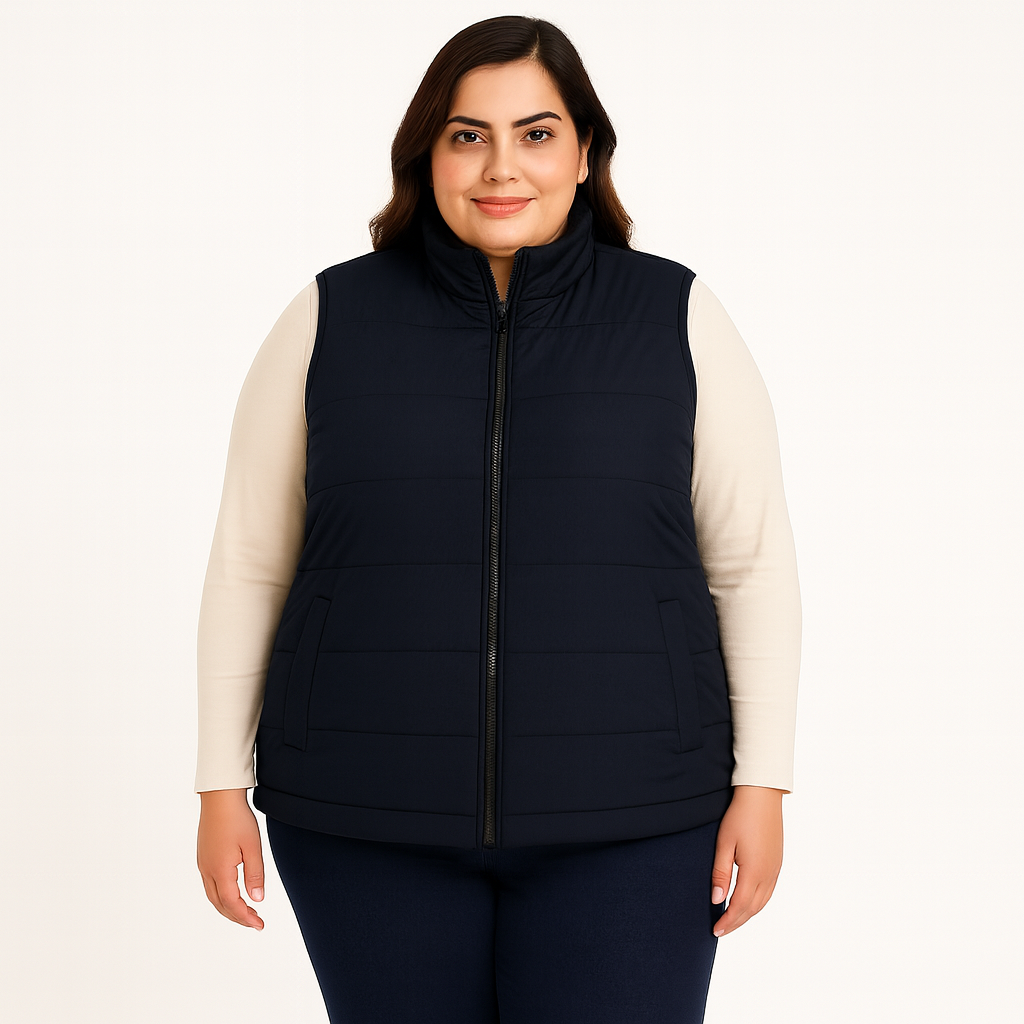 Plus size Pakistani female model wearing sleeveless puffer vest with quilted padded panels and welt pockets – casual outerwear