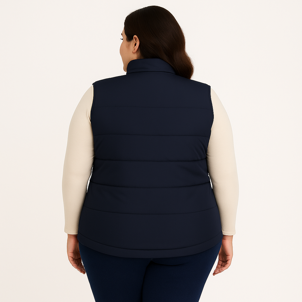 Plus size Pakistani female model wearing sleeveless puffer vest with quilted padded panels and welt pockets – casual outerwear