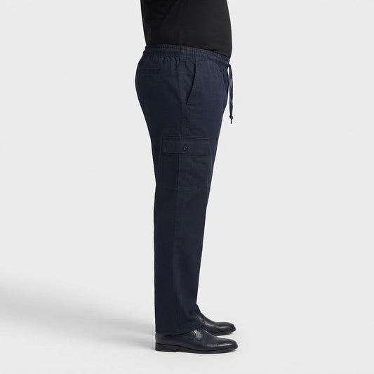 Navy Cotton Plus Size Cargo Trousers made from slightly stretchable cotton fabric.