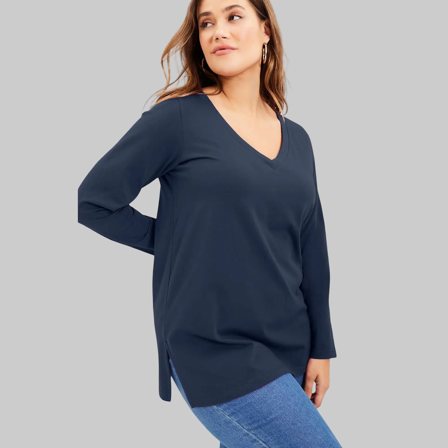 Navy Long-Sleeve V-Neck Tunic made from soft cotton-blend fabric with a relaxed fit and flattering V-neckline for everyday comfort