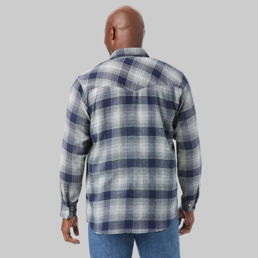 Shop the Navy Ombre Snap Flannel B Grade Shirt, featuring soft flannel fabric, a stylish ombre design, and snap-button closure for everyday wear.