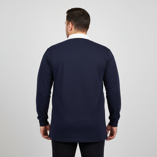 Navy rugby style long sleeve polo shirt with white contrast collar and covered placket shown in front view