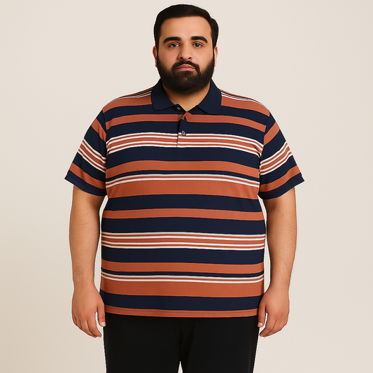 Plus-size Pakistani male model wearing navy and rust striped short-sleeve polo shirt