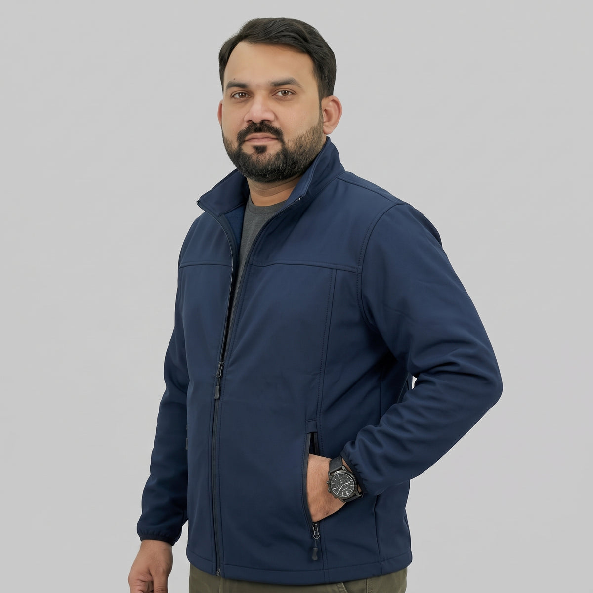 Navy Soft Shell Jacket for Men with Full-Zip Front and Zipper Pockets