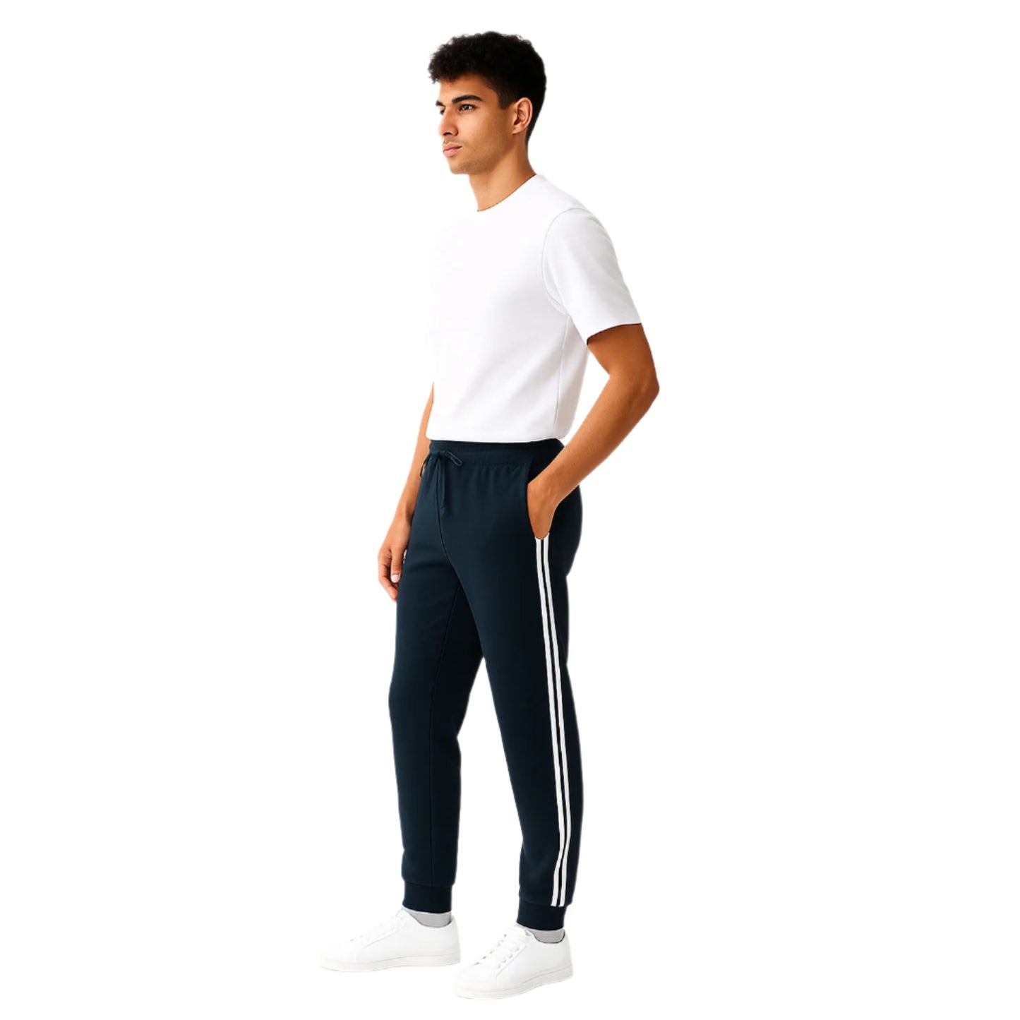 Navy terry cuffed plus size trousers with side stripes and drawstring waist