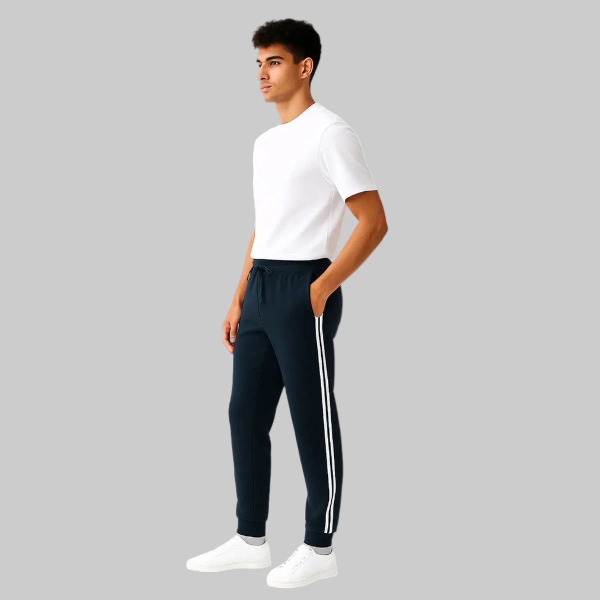 Navy terry cuffed plus size trousers with side stripes and drawstring waist