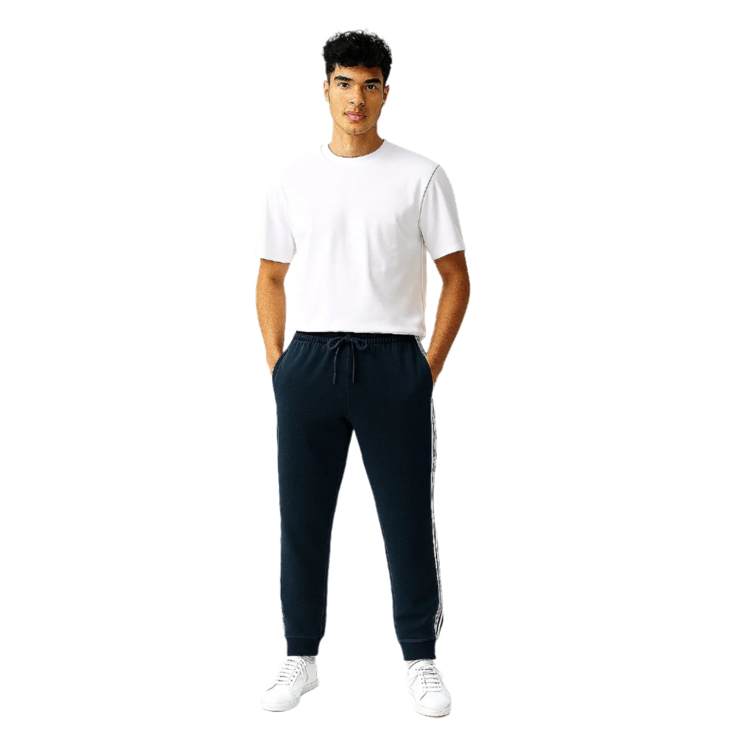 Navy terry cuffed plus size trousers with side stripes and drawstring waist
