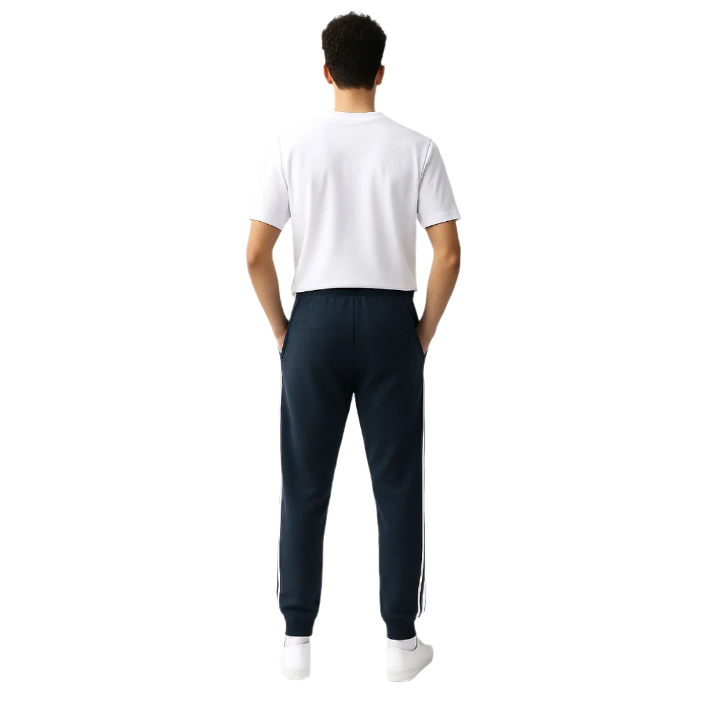 Navy terry cuffed plus size trousers with side stripes and drawstring waist