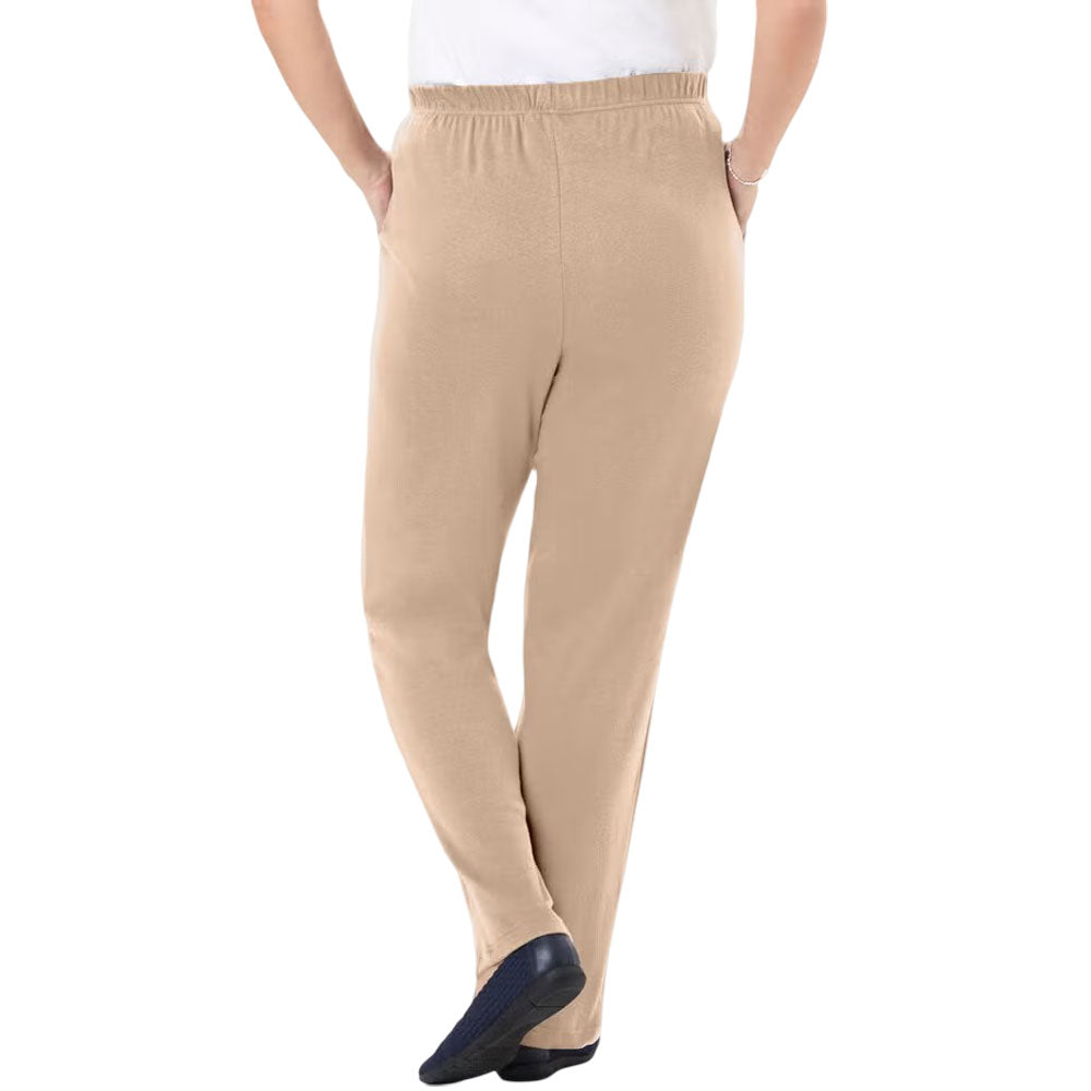Khaki straight leg knit pants laid flat showing clean silhouette