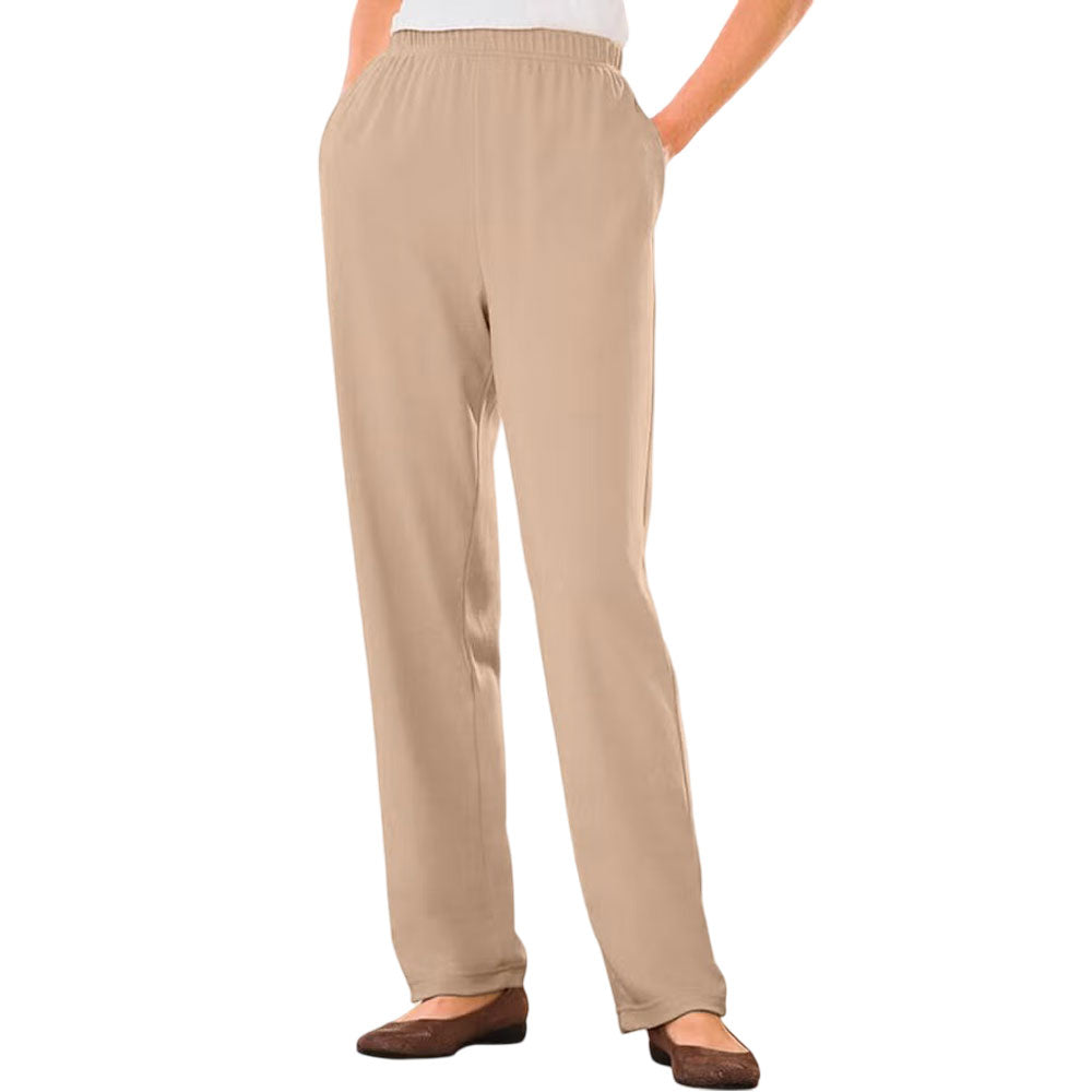 Khaki straight leg knit pants laid flat showing clean silhouette