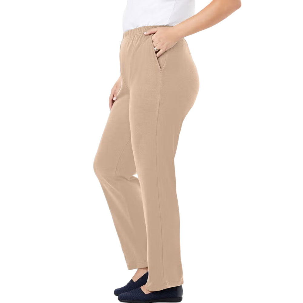 Khaki straight leg knit pants laid flat showing clean silhouette