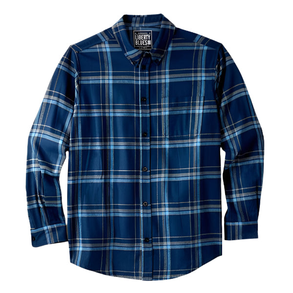 New navy plaid flannel shirt with horn buttons and chest pocket, made from soft cotton for cool-weather layering.