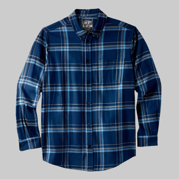New navy plaid flannel shirt with horn buttons and chest pocket, made from soft cotton for cool-weather layering.
