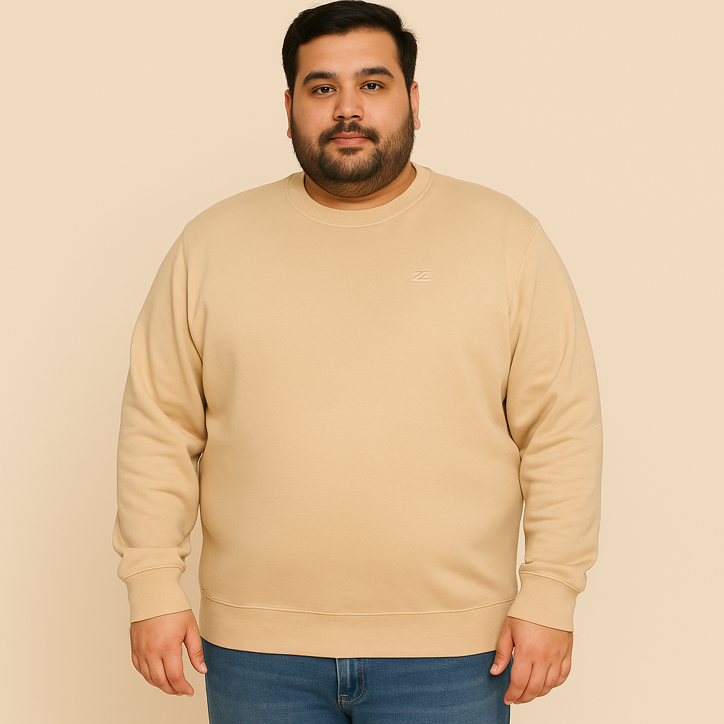 Close-up of fleece texture and ribbed crew neckline in oat tan sweatshirt