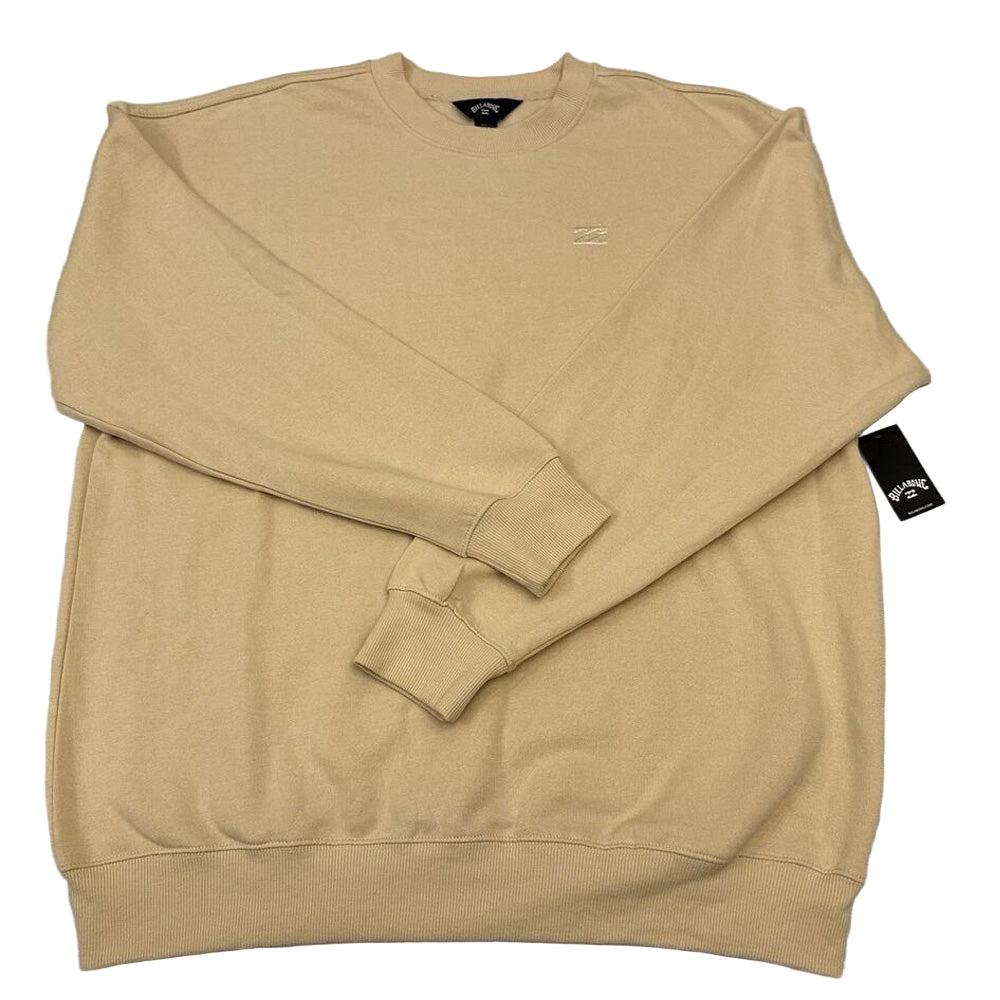 Close-up of fleece texture and ribbed crew neckline in oat tan sweatshirt
