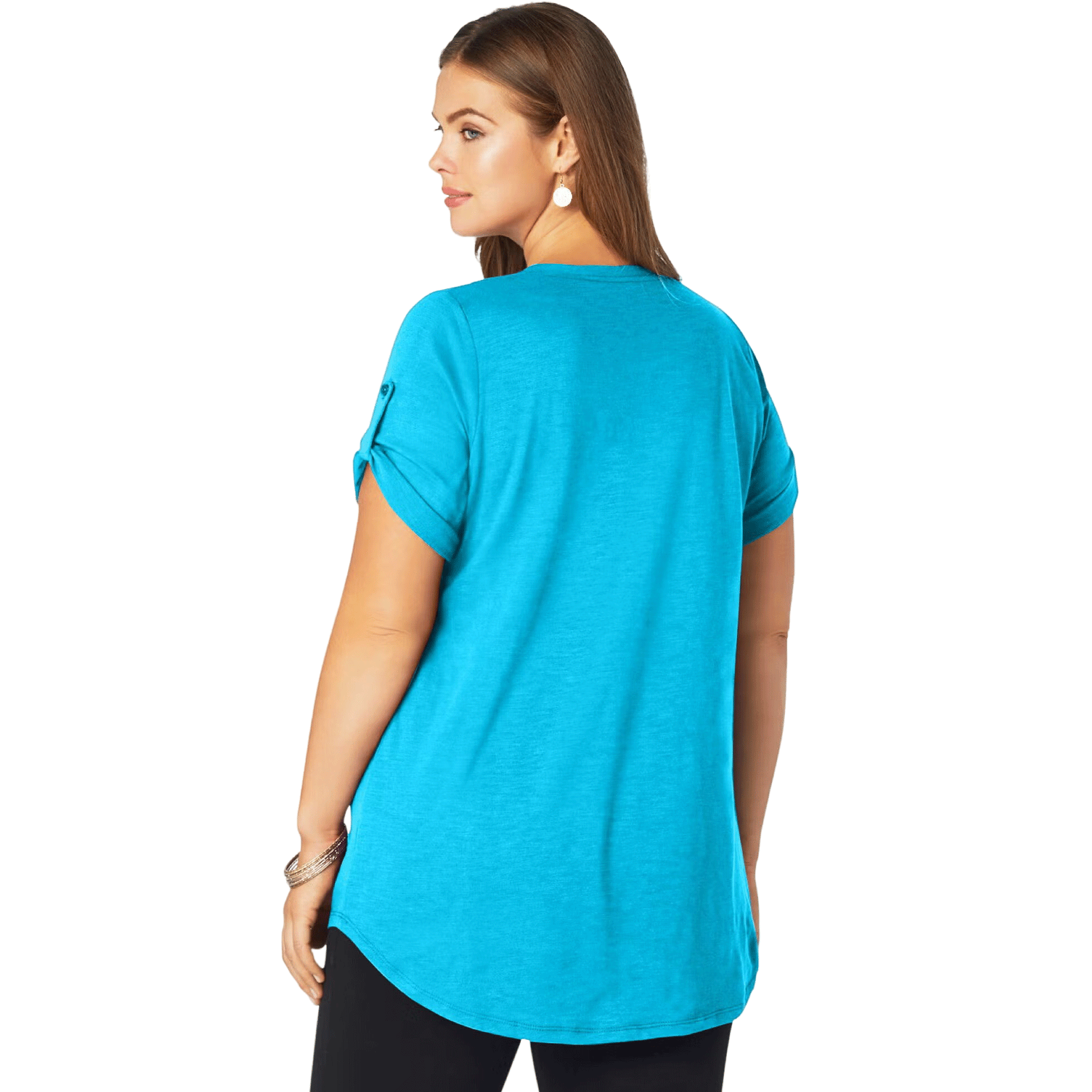 Ocean blue slub-knit V-neck tunic with a relaxed boyfriend silhouette, shown on a plus-size mannequin.