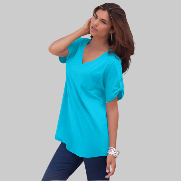 Ocean blue slub-knit V-neck tunic with a relaxed boyfriend silhouette, shown on a plus-size mannequin.