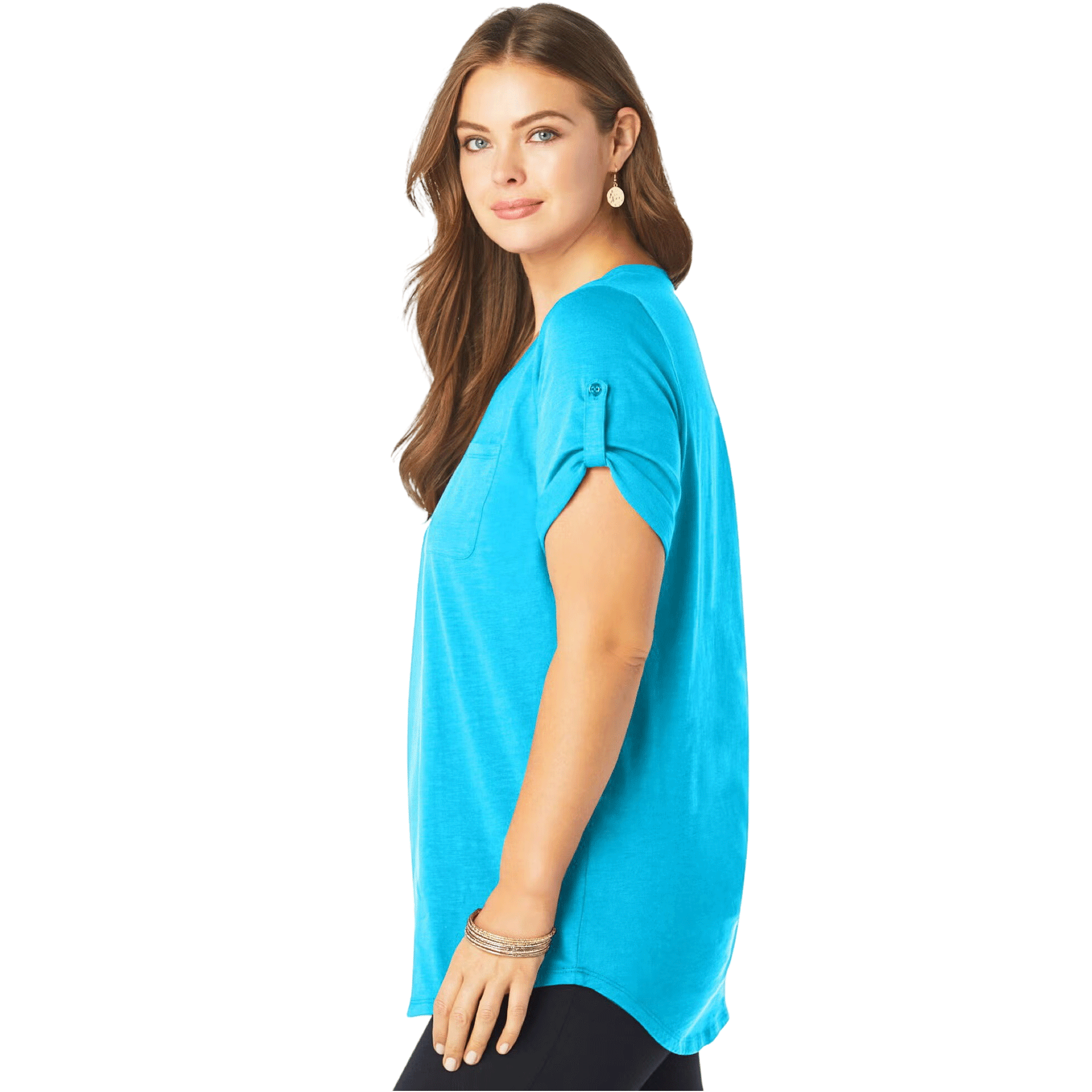 Ocean blue slub-knit V-neck tunic with a relaxed boyfriend silhouette, shown on a plus-size mannequin.