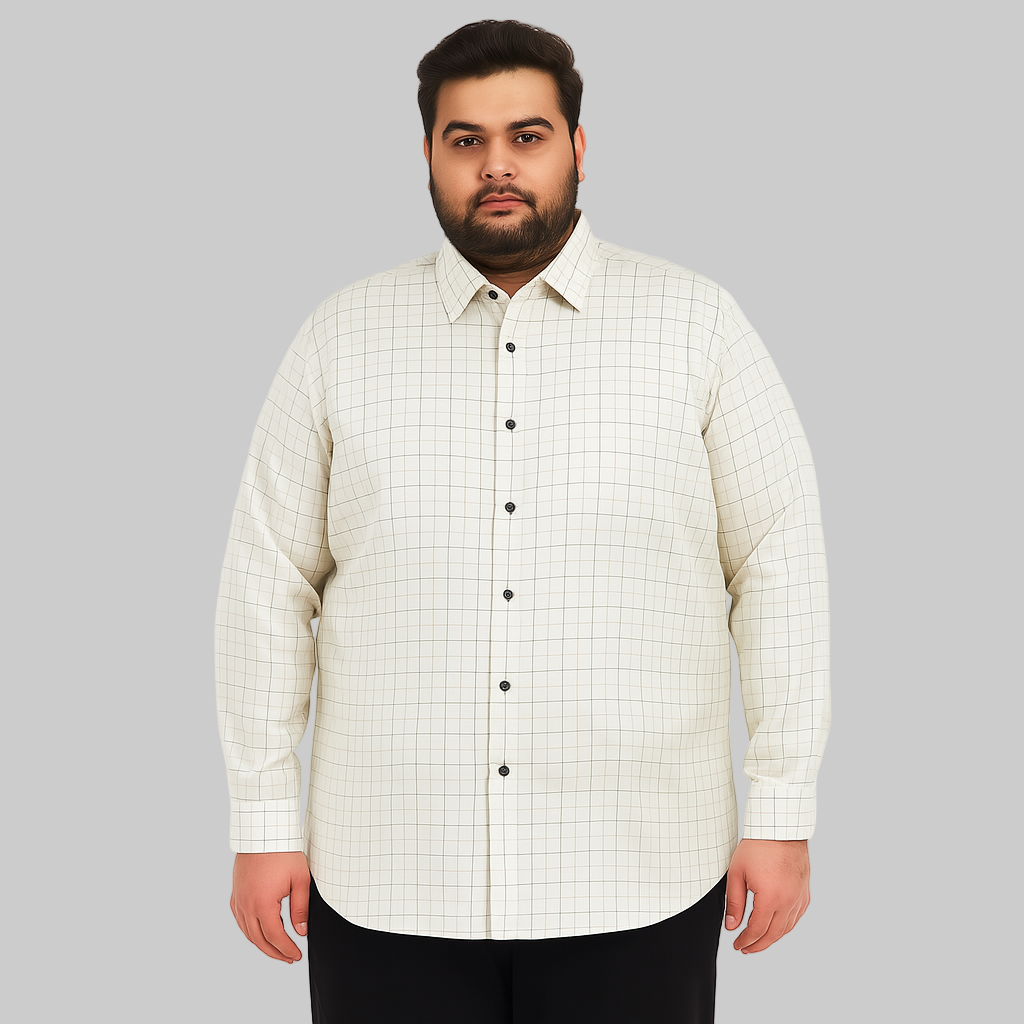 Plus-size Pakistani man wearing off-white formal shirt with black grid checks