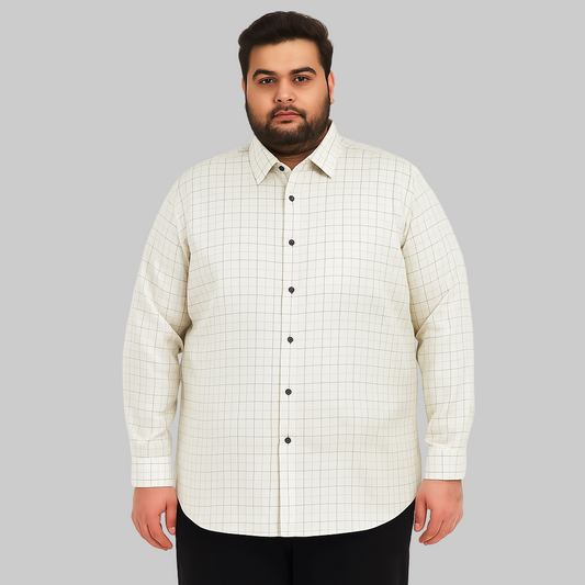 Plus-size Pakistani man wearing off-white formal shirt with black grid checks