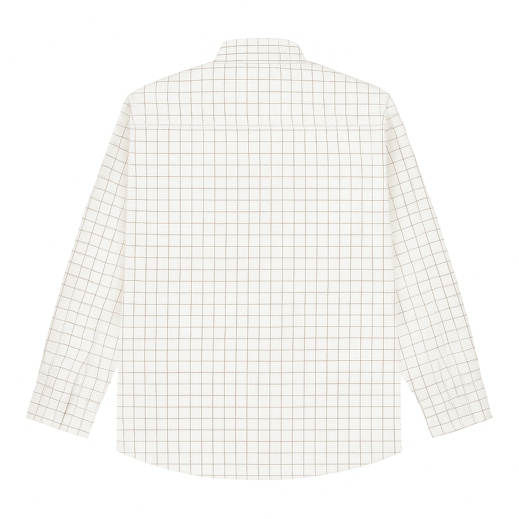 Plus-size Pakistani man wearing off-white formal shirt with black grid checks