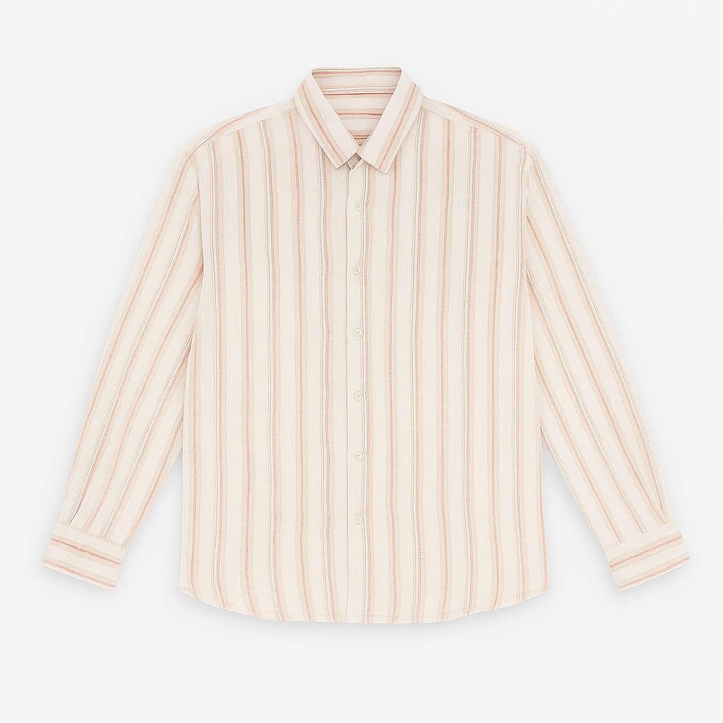 Off-white plus size linen blend shirt with rust and beige vertical stripes, long sleeves – flat lay on wooden background