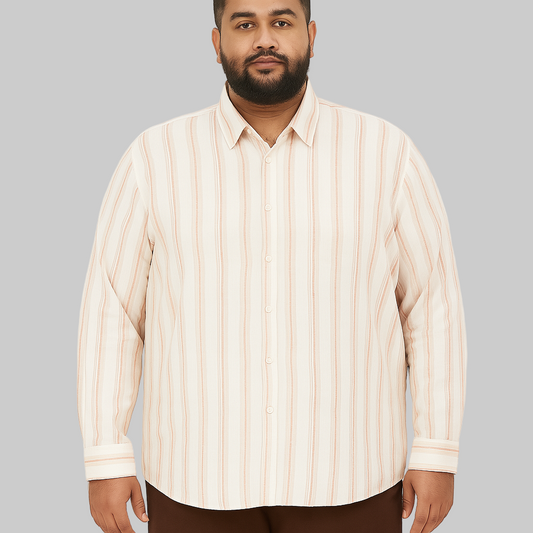 Off-white plus size linen blend shirt with rust and beige vertical stripes, long sleeves – flat lay on wooden background