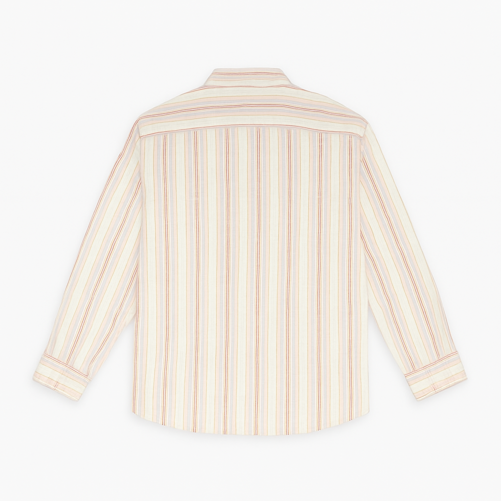 Off-white plus size linen blend shirt with rust and beige vertical stripes, long sleeves – flat lay on wooden background