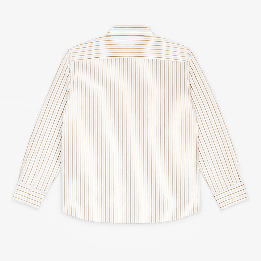 Off-white plus size button-down shirt with beige and rust pinstripes, long sleeves – laid flat on wooden background