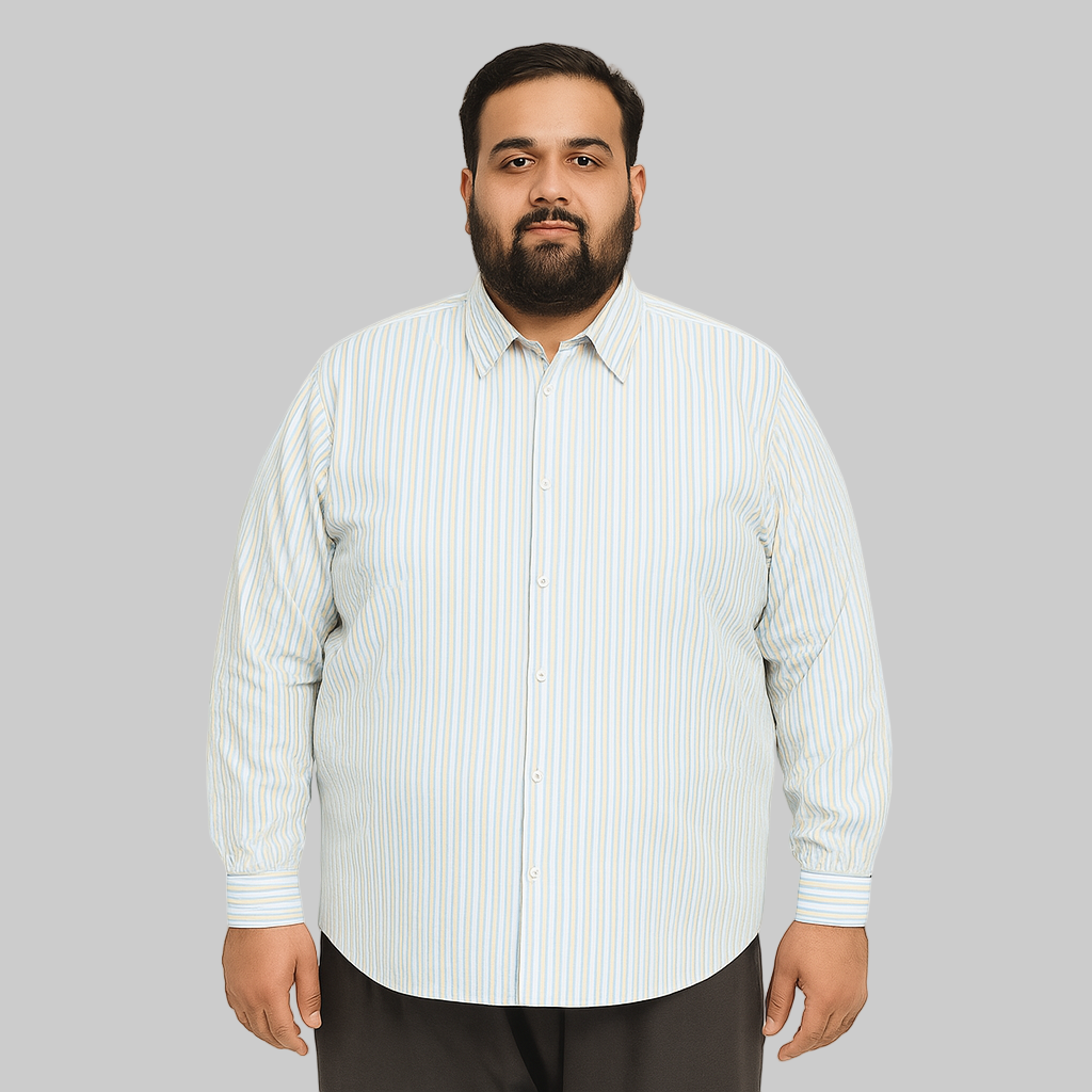 Plus-size Pakistani man wearing off-white formal shirt with sky blue and beige vertical stripes