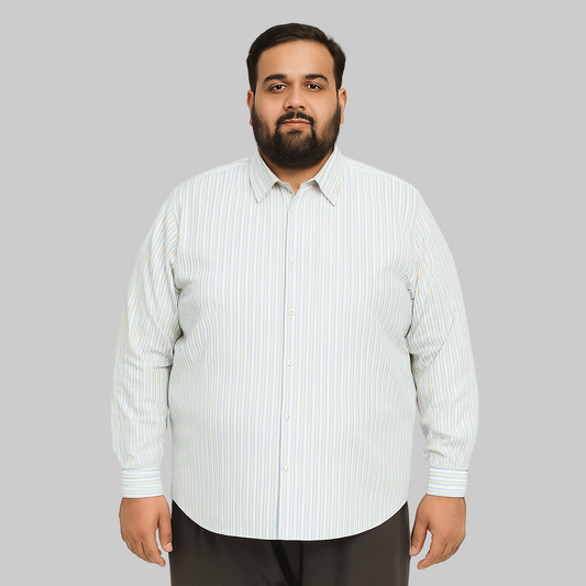 Plus-size Pakistani man wearing off-white formal shirt with sky blue and beige vertical stripes