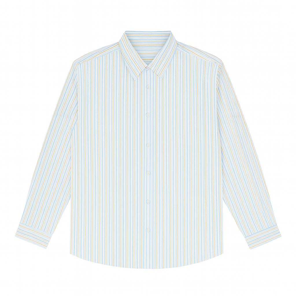 Plus-size Pakistani man wearing off-white formal shirt with sky blue and beige vertical stripes