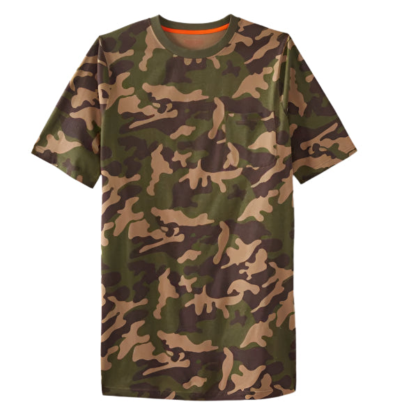 Olive camo short sleeve heavyweight crewneck tee with pocket for big and tall men.