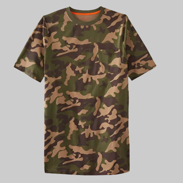 Olive camo short sleeve heavyweight crewneck tee with pocket for big and tall men.