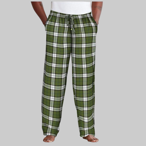 Olive plaid flannel pajama pants in green check pattern, relaxed fit with elastic waistband, drawstring, and side pockets, displayed flat on a white background.