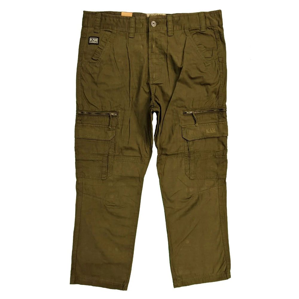 Olive green cotton cargo pants with relaxed fit, zip fly, and multiple side and back pockets.